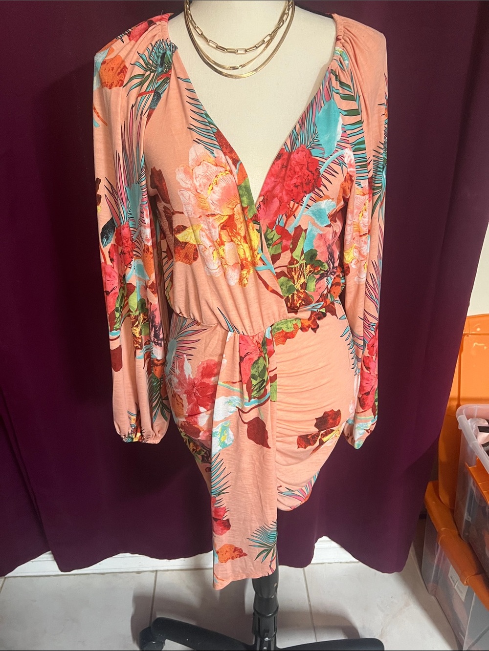 Floral Wrap Long Sleeve Dress in Peach
